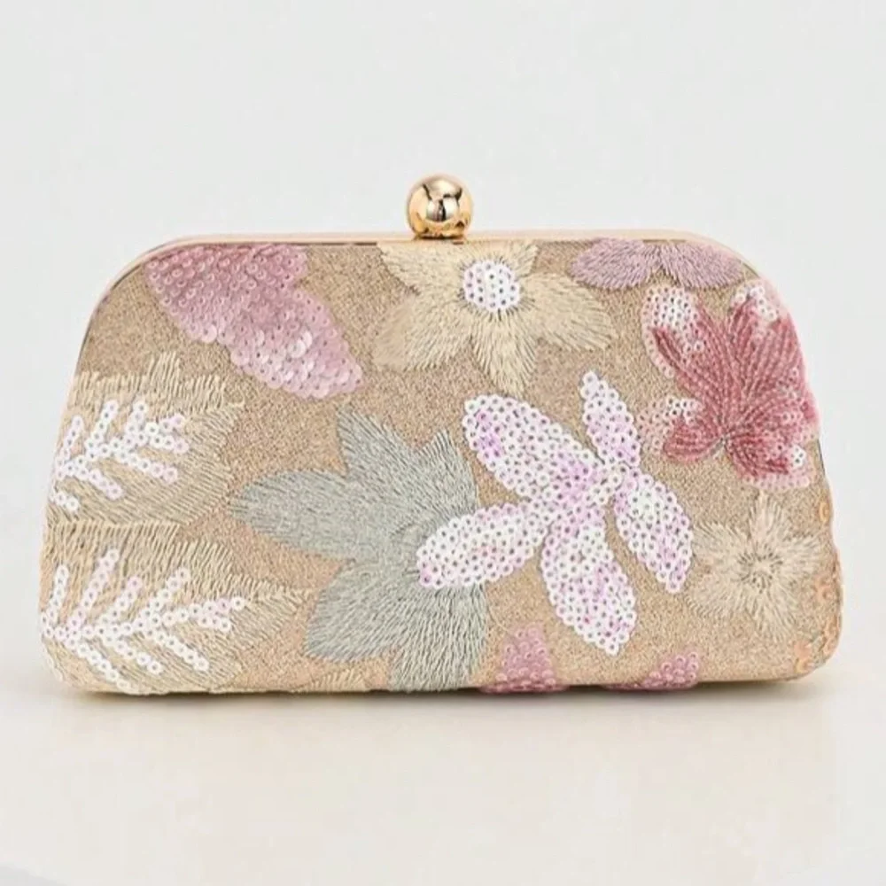 Embroidered Floral Sequin Clutch - Pink & Gold